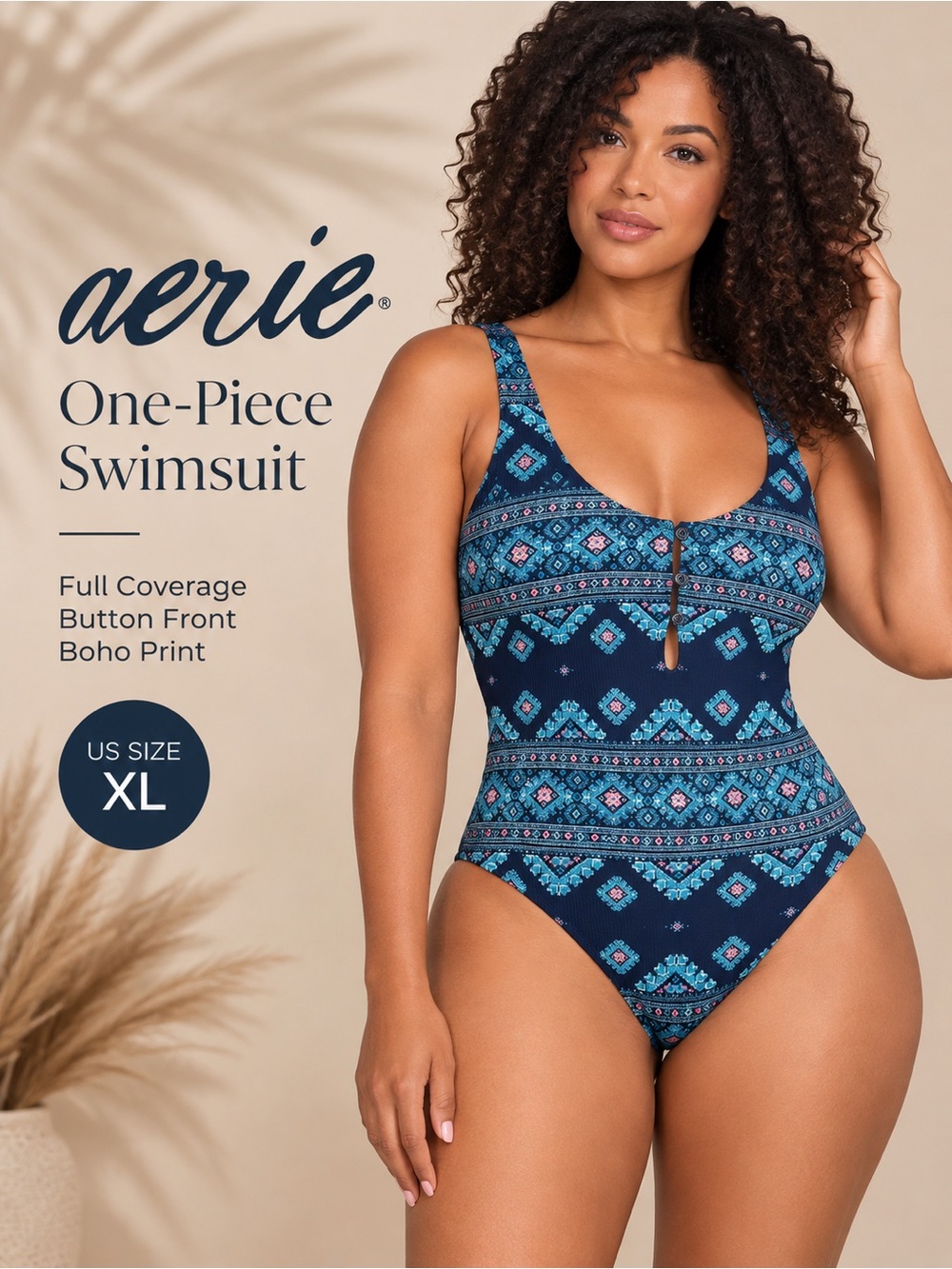 Aerie Boho Print Button Front Full Coverage One Piece Swimsuit XL